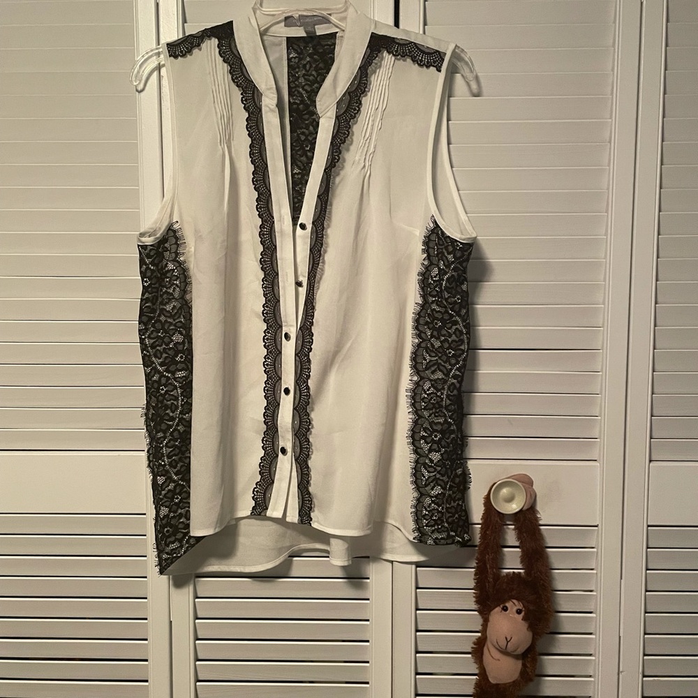 Black Lace & White Button Up Blouse Top Size Xl
